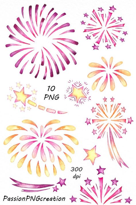 Watercolour Fireworks, Fireworks Watercolor, Watercolor Fireworks, Firework Tattoo, Happy New Year Clipart, New Year Doodle, How To Draw Fireworks, Fireworks Clipart, Paper Flower Wall Hanging