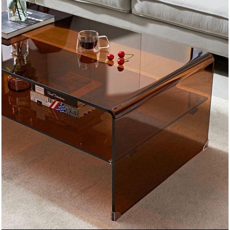 Transparent Amber color. 15 mm thick acrylic. Dimensions : 39'' W - 23.6'' D - 15.7'' H Coffee Table High, Modern Eclectic Coffee Table, Amber Coffee Table, Acrylic Coffee Table Decor, Amber Glass Coffee Table, Fun Coffee Tables, 90s Coffee Table, Glass Couch Table, Brown Glass Coffee Table