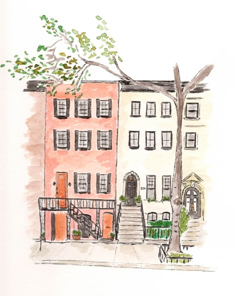 Brownstone Architecture, Watercolour Architecture, Nyc Brownstone, Nyc Wall Art, Watercolor Architecture, City Drawing, Art Watercolour, New York Art, City Architecture