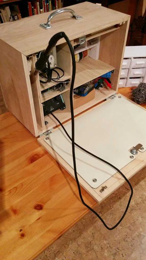 Portable Electronics Workbench - Imgur Electronics Workspace, Electronics Lab Workbenches, Electronics Workbench, Portable Workstation, Portable Workbench, Electronic Workbench, Electronics Workshop, Diy Workbench, Kids Electronics