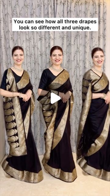 Fancy Black Saree, Black Saree Hairstyle, Black Saree Look Modern, Black Saree With Golden Border, Sari Tutorial, Traditional Hairstyle For Saree, Black Saree Look, Golden Saree, Saree Hairstyles