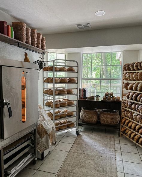 Sarah Grunewald • Sarah’s Sourdough | Cottage bakery views ✨🧚 People ask where my “bakery” is… it’s in the designated breakfast nook in our home. I call this my bakery nook… | Instagram Cottage Bakery Business, Bakery Kitchen Layout Floor Plans, Micro Bakery Ideas, Cottage Core Bakery, Cottage Bakery Ideas, Cozy Bakery Aesthetic, Old Bakery Aesthetic, French Bakery Design, Small Bakery Kitchen