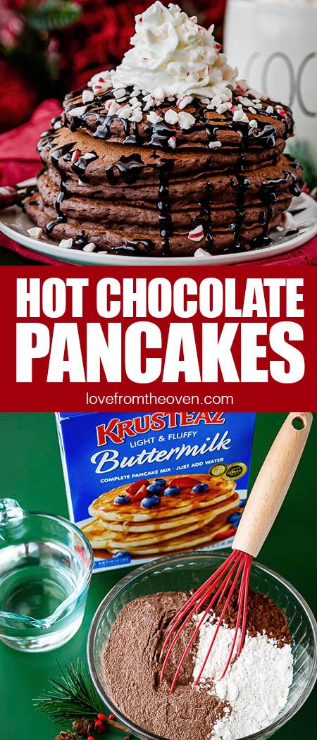 These Hot Chocolate Pancakes are such a fun and festive way to start the day! Great for a Christmas breakfast and they are SO easy to make! #ChristmasBreakfast #pancakes #makekrusteaz #sponsored #LFTOrecipes Krusteaz Pancake Mix Recipes, Hot Chocolate Pancakes, Krusteaz Pancake Mix, Pancakes Crepes, Easy Hot Chocolate, Pancakes Chocolate, Fun Pancakes, Christmas Pancakes, Pancake Mix Recipes