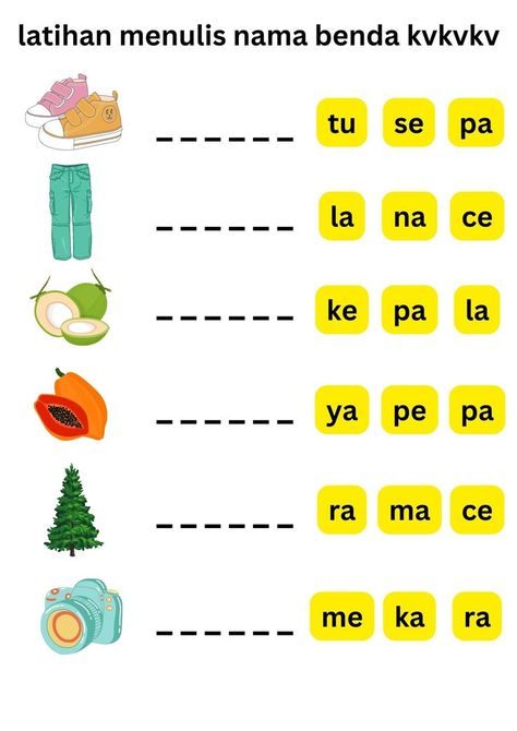 latihan menulis benda tiga suku kata untuk anak TK. Alphabet Flash Cards Printable, Kindergarten Math Worksheets Addition, Preschool Activities Printable, Kindergarten Phonics Worksheets, Kindergarten Reading Activities, Kids Worksheets Preschool, Printable Classroom Decor, Brush Teeth Kids, Alphabet Activities Preschool