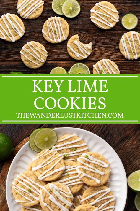 Experience the tart and sweetness of these Key Lime Cookies! They're soft, chewy cookies with a zesty and sweet frosting everyone will love! Key Lime Cookies Easy, Healthy Key Lime Desserts, Key Lime Cookies Recipe, Key Lime Pie Cookies, Key Lime Cookie Recipe, Lime Sugar Cookies, Key Lime Glaze, Lime Dessert Recipes, Lime Corn