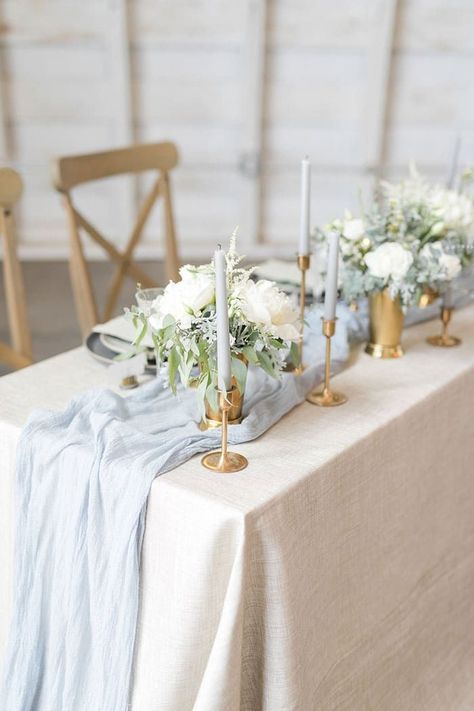 Romantic rustic style meets French elegance in this utterly sweet Wisconsin barn wedding shoot from Christy Janeczko Photography and Allure Premiere Event Florists! The whitewashed surroundings of ceremony and reception venue, The Mill Events, inspired the light and airy palette of white, gray, and subtle tones of blue and organic green. Rustic Romance Wedding, French Country Wedding, Wedding London, Grey Wedding Dress, Idee Babyshower, Blue Table Runner, Elegance Wedding, Wedding Tablescape, Light Blue Wedding