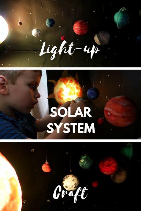 Light-up Solar System Craft - how to create a model solar system with stars, planets and a glowing sun. Diy Solar System Project, Solar System Craft, Model Solar System, Diy Stars, Sun System, Solar System Projects For Kids, Solar System Mobile, Diy Solar System, Planet Project