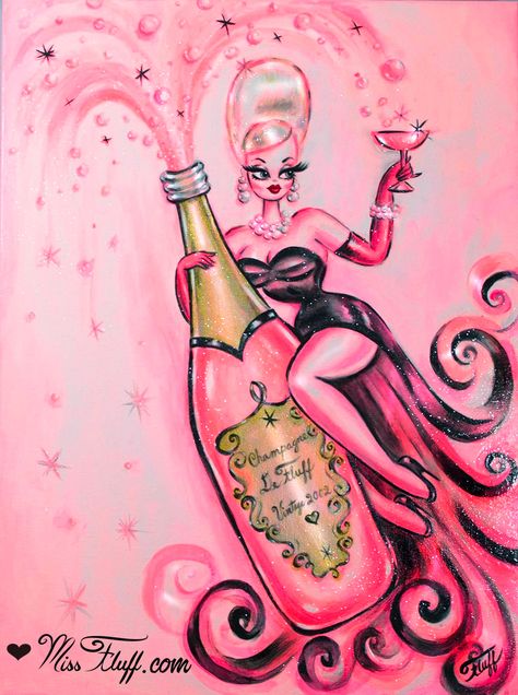 Happy New Year!   Cheers to a fabulous 2019! #newyear #happynewyear Original art by Claudette Barjoud, a.k.a Miss Fluff. If you enjoy this art I invite you to join my private email list for special members only specials and giveaways! I am the artist! https://www.missfluff.com/mailing-list.html Gown And Gloves, Pink Champagne Bottle, Classic Pinup, Miniature Nursery, Miss Fluff, Josephine Wall, Bouffant Hair, Vintage Inspired Art, Glamour Dolls