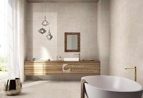 These tiles come in large format, light weight porcelain sheets in a modern subtle color palette. [Featured: Bavaria Series x Ames Tile] #bathroomgoals Marble Tile Bathroom Ideas, House Paint Ideas, Limestone Bathroom, Limestone Bathroom Tiles, Cream Limestone, Beige Marble Tile, Trendy Bathroom Tiles, Cotswold Cottage, Marble Tile Bathroom