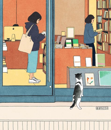 Banzisu on Instagram: “🐈📚 @springflare.kr #bookstore” Cartoon Girl Drawing, Doodle Illustration, Girly Art Illustrations, Learn Art, Creative Illustration, Hippie Art, Ethereal Art, Dreamy Art, June 21