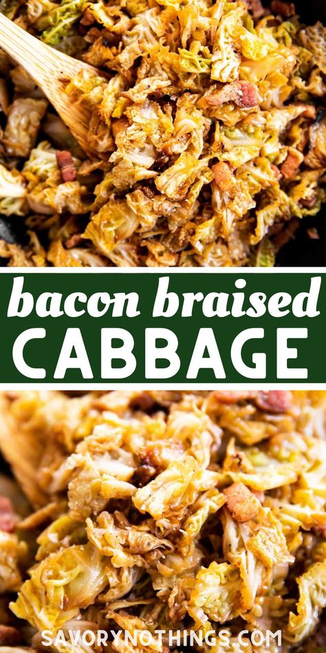 This Bacon Braised Cabbage is a quick and easy vegetable side dish to make with a hearty dinner. Full of flavor from the caramelized cabbage, it’s perfect for winter. | #fallrecipe #sidedish #bacon #easyrecipes Easy Vegetable Side Dish, Cabbage Side Dish, Easy Vegetable Side Dishes, Braised Cabbage, Vegetable Side Dish, Cabbage Recipe, Cabbage And Bacon, Easy Vegetable, Cooked Cabbage