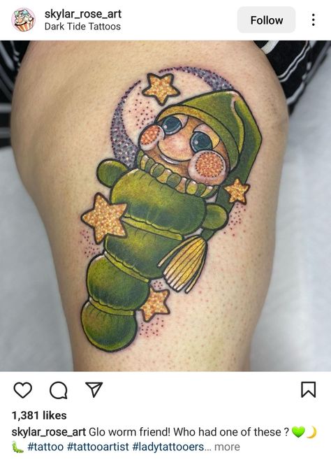 Glow Worm Tattoo, 80s Cartoon Tattoos, 80s Tattoo Ideas, Childhood Tattoos, 80s Tattoo, Worm Tattoo, Glo Worm, Birthday Tattoos, 90s Tattoos