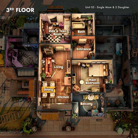 Industrial Apartment Complex 🏗⚙️ -Floorplan- My 2nd part of ✨A Builders Best Collection Collab ✨ hosted by the lovely @angelofthenightcreations is the layout of this apartment that caters to families, singles, couples, and pets! It consists of five apartment units, a small café, a laundry shop, a food stall, a rooftop garden, and a shared yard. It's fully furnished and playtested as always! Interior will be up next! It will be a long thread of post, I hope you don't mind. 🙈 Don't forget t... Sims 3 Apartment, Small Apartment Complex Plans, Small Apartment Building Plans, Sims Layout, Small Apartment Complex, Small Apartment Layout, Single Apartment, Small Apartment Building, Industrial Apartment