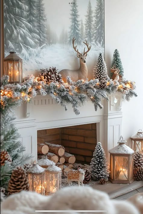 Xmas Sleigh Decorations, Diy Modern Christmas Decor, Holiday Christmas Decor, Corner Mantel Decorating Ideas, Fireplace Christmas Ideas, Mantel Christmas Decorating Ideas, Mantle Christmas Decor Ideas, Fireplace Christmas Decorations, Christmas Deer Decorations