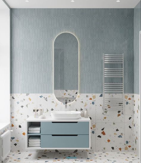 Terrazzo And Blue Bathroom, Blue Terrazzo Bathroom, Bathroom With Terrazzo, Terrazzo Bathroom Design, Bathrooms Decorations, Blue Wall Tiles, Bathroom Terrazzo, Terrazzo Bathroom, Basin Bathroom