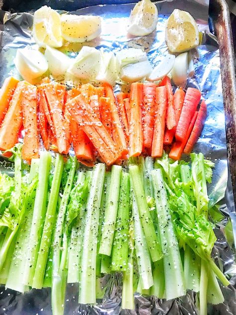 A basic mirepoix is a mix of celery, carrots and onions. It adds flavor to recipes and is typically the starter for any soup or stew. Most recipes will tell you to add it to the pot and saute until soft which is fine for most recipes. If you do it this way, it is... Read More Roasted Carrots And Celery Oven, Celery And Carrot Recipes, Recipes With Celery And Carrots, How To Cook Celery, Souper Saturday, Veggies In The Oven, Carrot And Celery Recipes, Vege Dishes, Roasted Celery