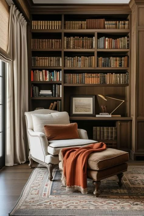 Mcm Library, Office With Bookshelf, Bookshelf Classic, Craftsman Library, Bookshelf Wealth, Dream Home Library, Reading Armchair, Home Library Rooms, Online Interior Design Services