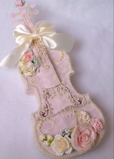 pink violin decorated with flowers pearls and a white bow Violin Design, Violin Art, Instruments Art, Shabby Chic Baby, Chic Baby Shower, Shabby Chick, Vintage Papers, Chic Bedding, Shabby Chic Baby Shower