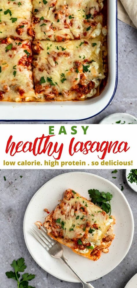 The BEST Easy Healthy Lasagna recipe for dinner tonight. All of the goodness of classic lasagna, but lightened up and packed with protein for a clean eating version of the traditional recipe! This low calorie lasagna recipe is made with layers of noodles, meaty marinara sauce and a flavorful cottage cheese mixture, all baked to golden brown perfection. Make with ground turkey or ground beef. A satisfying main course option that even my picky kiddos love! #lasagna #healthy #dinner #lowcalorie Low Calorie Lasagna, Healthy Lasagna Recipes, Lasagna Easy, Recipe Lasagna, Lasagna Recipe With Ricotta, Healthy Lasagna, Easy Lasagna Recipe, Classic Lasagna, Recipe For Dinner