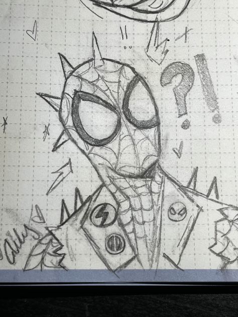 Easy Bored Drawings, Hobie Brown Sketch Book, Hobie Spiderman Drawing, Hobie Brown Sketchs, Hobie Brown Spider Punk Sketch, Spiderman Drawings Sketches, Spider Punk Doodle, Spider Punk Drawing Sketch, Spiderman Across The Spider Verse Sketch