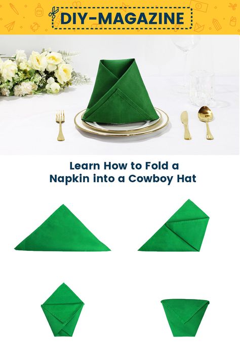 How to fold a napkin into a Cowboy Hat Serviette Folding, Easy Napkin Folding Ideas, Napkin Origami, Fold A Napkin, Folding Napkins, Napkin Ideas, Cool Cowboy, Origami Bowl, Easy Napkin Folding