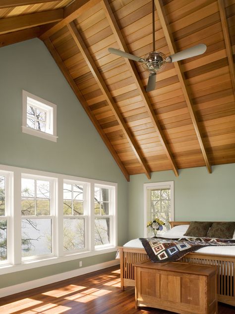 Subtle yet dramatic. The architecture is the star, and the perfect paint color is the supporting cast.   Try Benjamin Moore Sagebrush http://www.myperfectcolor.com/en/color/378940_Benjamin-Moore-CSP-770-sagebrush    Tate + Burns Architects LLC via Houzz Wood Ceiling Bedroom, Inside Farmhouse, Artist Cottage, Eclectic Bedroom Design, Brown Furniture Bedroom, Wood Plank Ceiling, Pine Trim, Plank Ceiling, Family Cabin