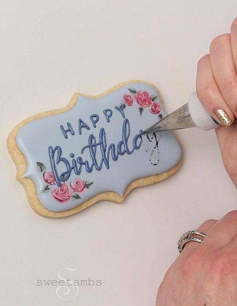 Happy Birthday Royal Icing Transfer, Royal Icing Transfers Letters, Writing On Cookies Without Projector, Happy Birthday Icing Writing, Cookie Lettering Royal Icing, How To Decorate Royal Icing Cookies, How To Write On Cookies, How To Write On Sugar Cookies, Royal Icing Lettering