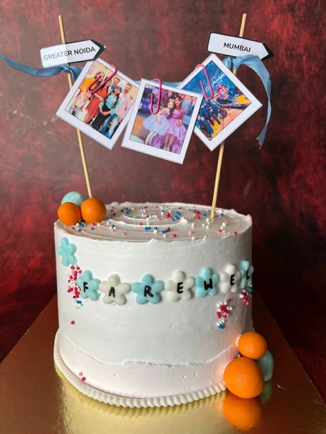 Customised Farewell Cake with hanging pics on top💕 Funny Farewell Cakes, Goodbye Cake, Bon Voyage Cake, Africa Cake, Surprise Birthday Cake, Farewell Cake, Hanging Cake, Cake For Boyfriend, Surprise Cake