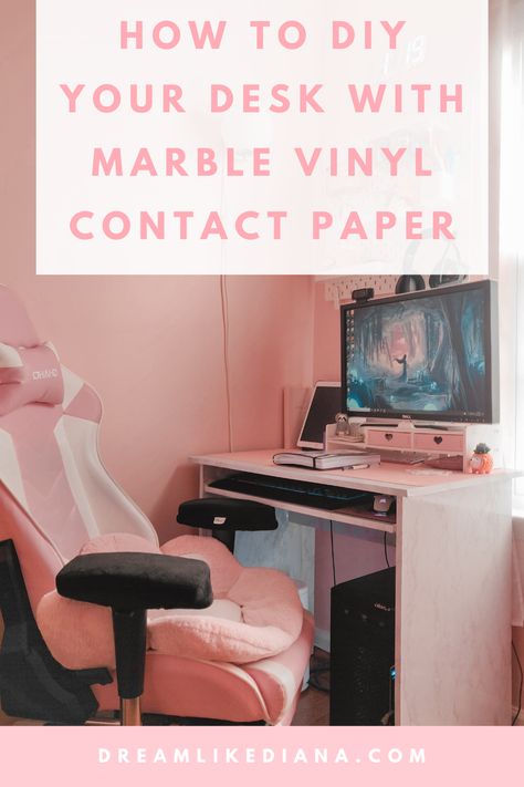 Tips for the DIY Vinyl Contact Paper Desk Wrap — dreamlikediana Contact Paper Desk Top, Cover Desk With Contact Paper, Contact Paper On Desk, Vinyl Paper Diy, Contact Paper Desk, Desk Wrap, Vinyl Contact Paper, Paper Desk, Desk Makeover Diy