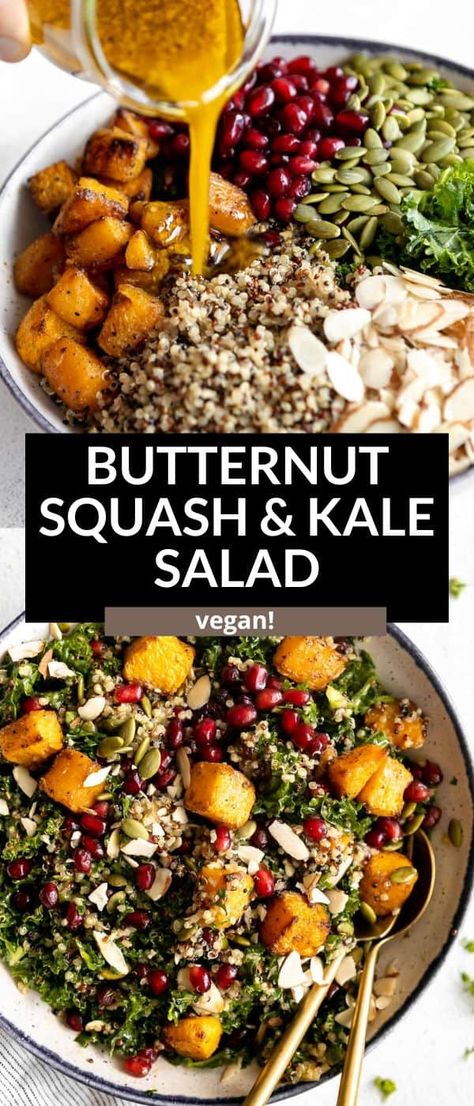 Roasted Butternut Squash and Kale Salad Squash And Kale Salad, Kale Butternut Squash, Butternut Squash And Kale, Fluffy Quinoa, Butternut Squash Kale, Df Recipes, Fall Produce, Butternut Squash Salad, Quinoa Salat