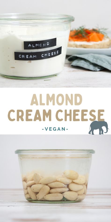 Almond Cream Cheese (vegan and gluten-free) - Easy Almond Cream Cheese made with only 4 ingredients! This basic version is highly versatile - add chives, sun-dried tomatoes, or herbs! | ElephantasticVegan.com #almond #creamcheese #vegancheese #vegan #glutenfree Almond Cheese Recipe, Plant Based Cream Cheese, Diy Almond Milk, Vegan Cream Cheese Recipe, Cooking Substitutes, Almond Cream Cheese, Food Sauces, Almond Milk Cheese, Vegan Staples