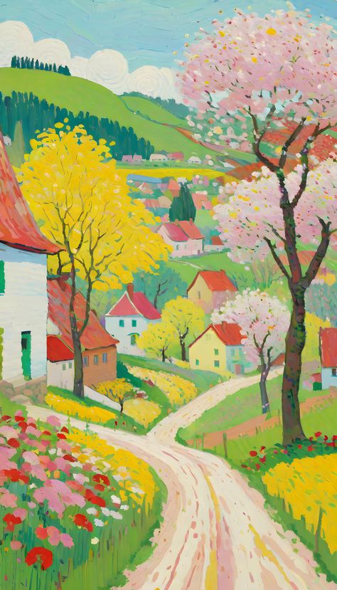 A quaint village nestles among vibrant spring blossoms and rolling green hills under a playful sky. Village Illustration, Colorful Village, Happy Landscape, Village Drawing, Tumblr Drawings, طابع بريدي, Spring Blossoms, Green Hills, Quaint Village