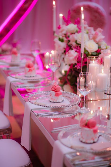 ''Barbies, parties, and fashion – I’ll take everything in baby pink, please.'' Elegant Barbie Party, Barbie Party Setup, Classy Barbie Party, Barbie Debut Theme, Barbie Party Ideas For Adults, Pink Glam Birthday Party, Barbie Core Wedding, Barbie Dinner Party, Barbie Tablescape