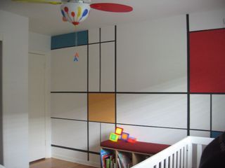 IMG_0789 Mondrian Wall, Ideas To Paint, Childrens Ministry Decor, Accent Wall Colors, Wall Panel Design, Collective Consciousness, Kids Bedroom Designs, Painted Stairs, Blue Coffee