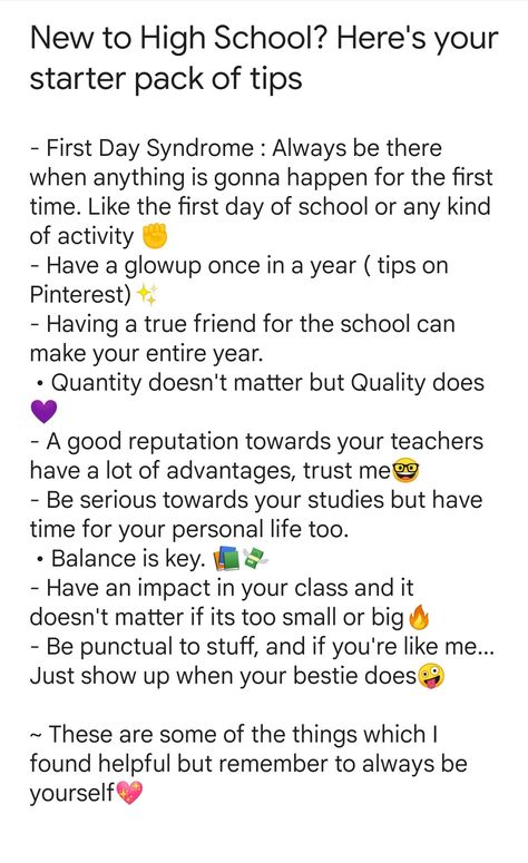 Tips For First Day Of High School, Freshmen Tips High School, Hs Tips, School Starter Pack, Teenage Tips, Highschool Tips, High School Help, Middle School Essentials, Freshman Tips