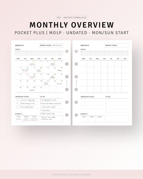 Undated Monthly Planner Pages Pocket Plus Ring Inserts, Digital Download, Month At A Glance with To do list, Simple Month Planning, Schedule Organizer, Monday Sunday Start, Important Dates, PDF, Monthly Budget Template

[💡MonthlyJoy's Checkpoint!]
𝑴𝒐𝒏𝒕𝒉𝒍𝒚 𝑷𝒍𝒂𝒏𝒏𝒆𝒓 𝑷𝒐𝒄𝒌𝒆𝒕 𝑷𝒍𝒖𝒔 𝑷𝒍𝒂𝒏𝒏𝒆𝒓 𝑰𝒏𝒔𝒆𝒓𝒕𝒔. This printable Pocket size Insert feature sees a month on only one page!

· Monday, Sunday Start Included
· Month & Year, Goals | Blank Calendar | Important Dates, Budget, To-do, Notes

[📏SIZES]
POCKET PLUS, POCKET XL (3.5X5 inches) Monthly Aesthetic, Month Planning, Calendar Tracker, B6 Planner, Planning Schedule, Daily Planner Templates, Pinterest Template, Schedule Organizer, Aesthetic Calendar