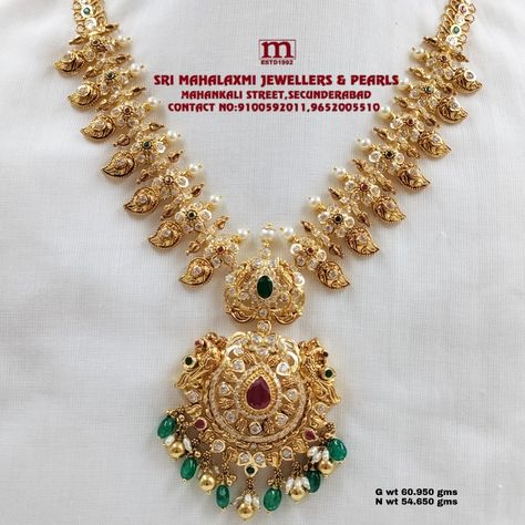 Presenting Antique Nakshi Pachi work Necklaces . Visit Our Showroom For Widest Range of Gold and Diamond Jewellery at Wholesale Prices. Call/whatsapp us on 9100592011, 9652005510 For Video Call Shopping. FREE SHIPPING AVAILABLE IN INDIA AND USA. #SriMahalaxmiJewellers #MahalaxmiJewellers #Necklace #BridalJewellery #DiamondJewellery Pachi Work Jewellery, Pretty Gold Necklaces, Mango Haram, Gold Earrings For Kids, Gold Jewels Design, Bridal Necklace Designs, Work Necklaces, New Gold Jewellery Designs, Indian Bridal Jewelry Sets