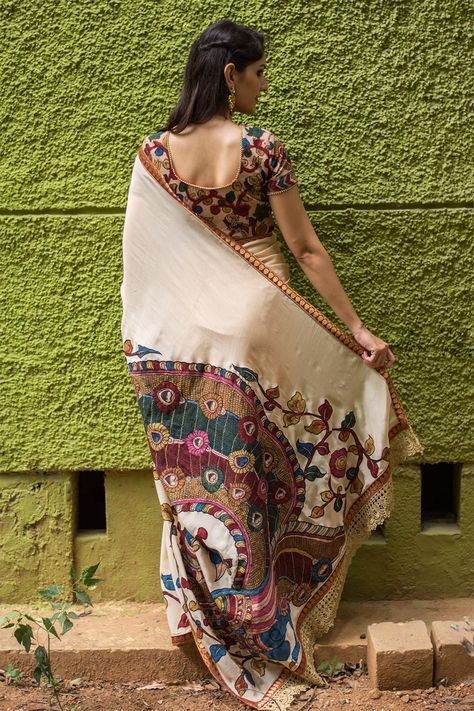 House Of Blouse, Kalamkari Blouse, Crepe Saree, Kalamkari Saree, Saree, India, Cream