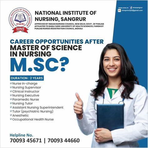 After completing your MSc in Nursing, you have a variety of job options. Enroll right away if you want to advance your career in MSc. #nationalgroupofinstitutions #mscinnursing #career #Enroll #education #nursingstudents #governmentandprivatehospital Charge Nurse, Psychiatric Nursing, Occupational Health, Master Of Science, Career Opportunities, Paramedic, Health Science, Nursing Students, Nursing