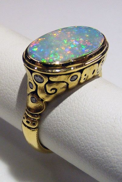 R-194 “Flora” ring in 18K yellow gold with a 2.77 ct Australian Lightning Ridge Pinfire Opal center gemstone and 11 diamonds of 0.15 ct total, in store at Studio Jewelers in a size 6 ¾ $7,800 Collectible Gold Opal Rings, Heirloom 14k Gold Opal Ring Collectible, Antique Yellow Gold Opal Ring For Collectors, Antique Gold Opal Ring Collectible, Luxury Antique Opal Ring, Moonstone Engagement Ring Set, Handmade Gold Ring, Meteorite Jewelry, Vintage Engagement Rings Unique