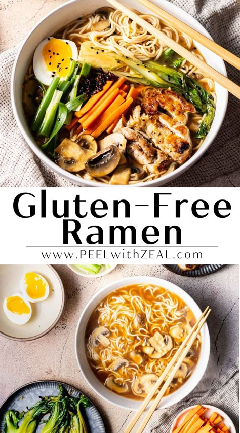 Gluten-Free Ramen This gluten-free ramen recipe is a shoyu-style ramen. My version of GF ramen is complete with a ramen egg, crispy chicken and a flavorful broth. Add your favorite veggies and enjoy! Whole 30 Ramen Bowl, Gluten Free Chicken Ramen, Bone Broth For Ramen, Gf Ramen Noodle Recipes, Clean Ramen Recipe, Healthy Ramen Noodle Soup Recipes, Easy Gluten Free Ramen Recipes, Healthy Miso Ramen, Instant Pot Vegan Ramen