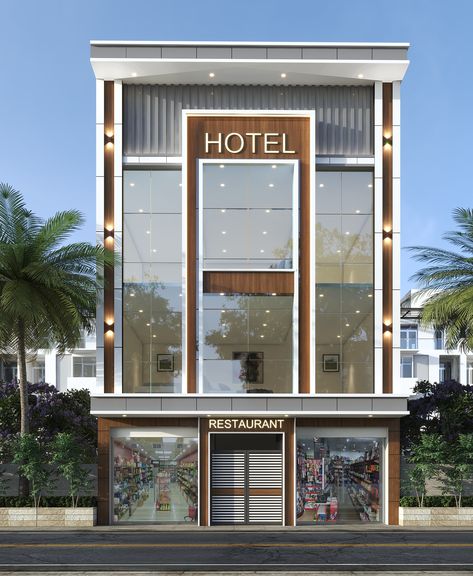 Hotel Building Elevation, Hotel Front Design, Small Hotel Facade, Hotel Front Elevation Design, Acp Exterior Design For Shop, Commercial Front Elevation, Acp Exterior Design Commercial, Hotel Elevation Exterior, Office Elevation