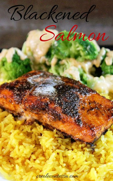 Rice Broccoli, Fish Meal, Blackened Salmon, Yellow Rice, Salmon Dinner, Creole Recipes, Salmon Dishes, Cajun Recipes, Sea Food