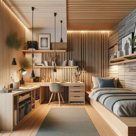 Interior Design For Teenage Bedroom, Japandi Teenage Room, Interial Designing Room, Functional Bedroom Design, Young Boy Bedroom Design, Teenager Room Design, Teenagers Bedroom Ideas, Japandi Kids Bedroom, Young Room Design