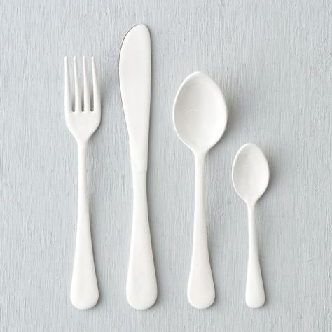 Whether dressed up for a dinner party or used daily, these flatware sets enhance the table with an unexpected finish of copper or enamel. Set of four utens Flatware Design, White Desserts, White Tray, All White Party, Food Storage Boxes, White Party, Flatware Set, Dining And Kitchen, White Enamel