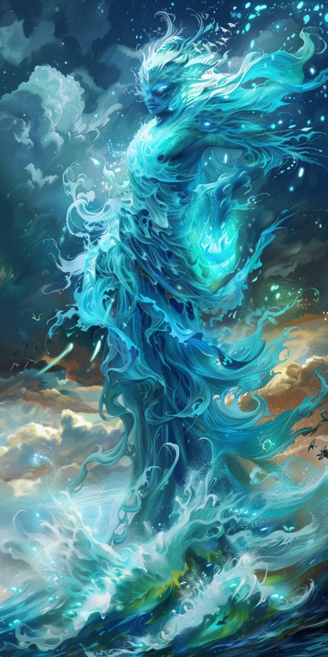 Water Monsters Art, Water World Fantasy Art, Water Person, Water Elemental Fantasy Art, Water Character Illustration, Sea God Fantasy Art, Water Monster Art, Water Monster, God Of Water Fantasy Art