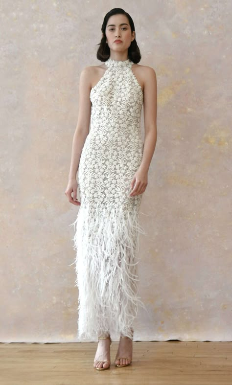 ines-di-santo-sheath-feather-wedding-dress-0422 Wedding Dress With Feathers, Feather Wedding, Bridal Fashion Week, Wedding Dress Trends, Feather Dress, New Wedding Dresses, 2023 Collection, Reception Dress, Casual Wedding