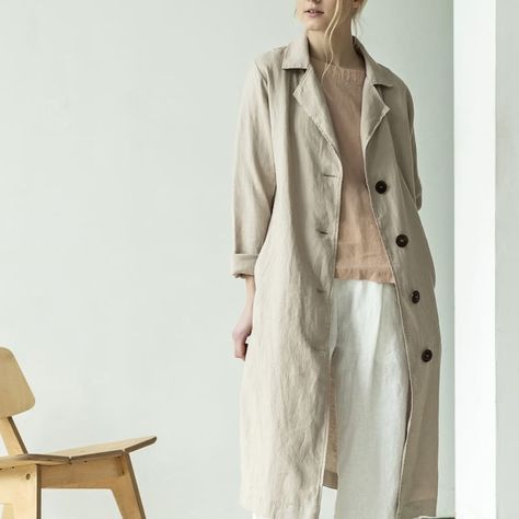 The king of the fall - classic trench coat!  #linentrenchcoat #linenraincoat #sustainableraincoat #camelraincoat #beigeraincoat #beigelinencoat #frenchstreetstyle #frenchstyle #warmlinenjacket #jacketforfall #fallcoat #heavylinencoat #beigestyle Linen Trench Coat, Linen Duster, French Street Fashion, Linen Coat, Linen Cardigan, Trouser Pocket, Classic Trench Coat, Womens Jackets, Boho Pants