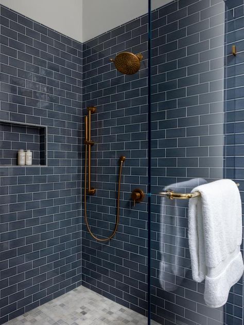 Navy Blue Tiled Bathroom, Blue Subway Tile Bathroom Ideas, Navy Shower Tile Ideas, Navy Subway Tile Bathroom, Navy Blue Subway Tile Bathroom, Navy Tile Shower Ideas, Navy Blue Shower Tile Ideas, Dark Blue Tile Shower Ideas, Blue Tile Shower Bathroom