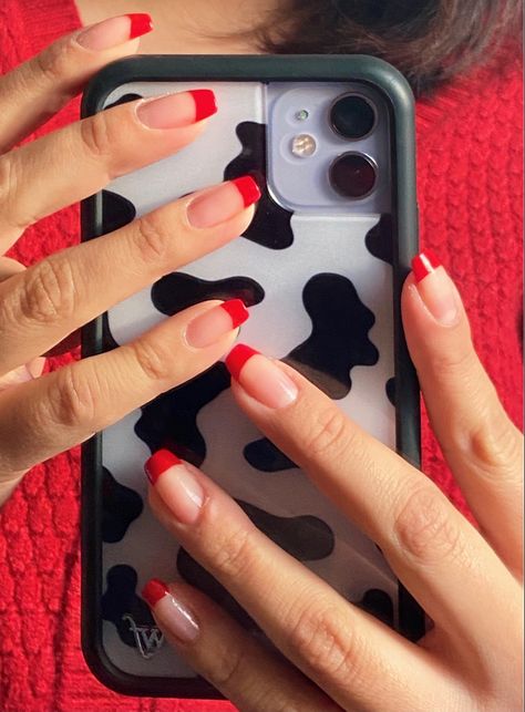 Red French Tip Coffin, Red French Tip Nails Coffin, Red French Tip Nails Square, French Tip Coffin, Red French Tip Nails, Coffin Shaped Nails, Red French Tip, Music Nails, Graffiti Nails